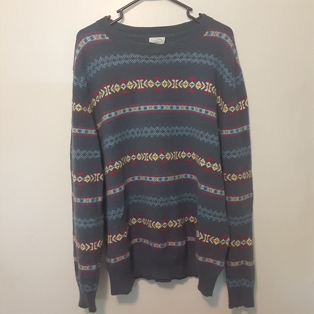 Vtg Le Tigre Adult Mens XL Blue Long Sleeve Sweater Aztec Design